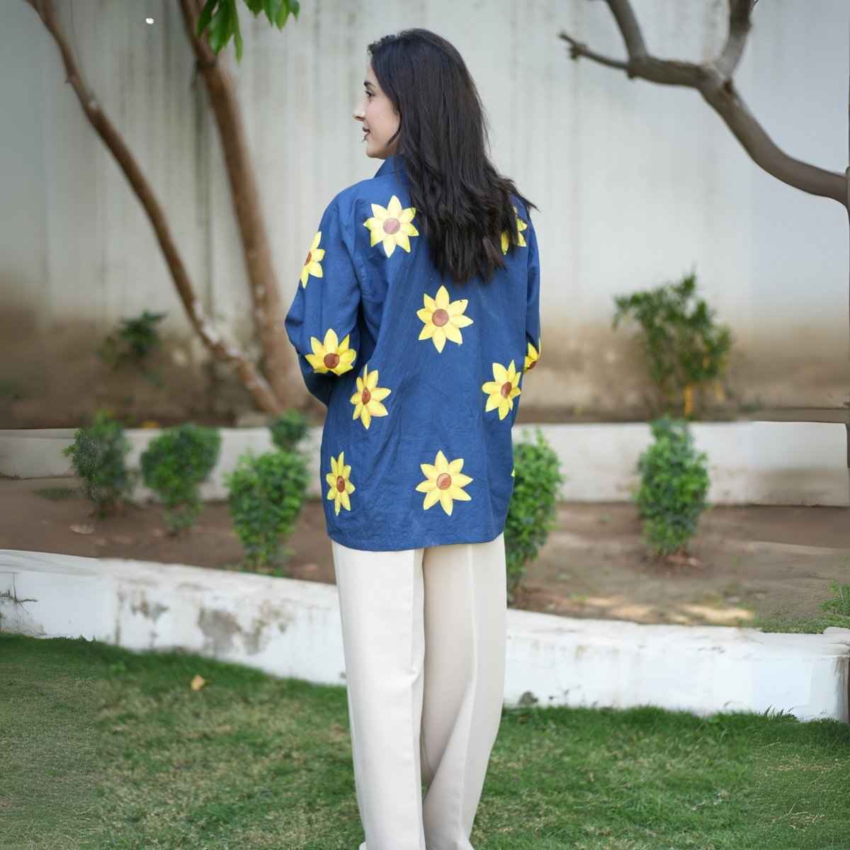 Handpainted Blue Cotton Sunflower Shirt | Verified Sustainable by Brown Living™
