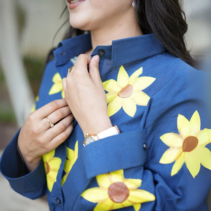 Deep Sea Cotton Shirt with Handpainted Sunflowers – Womens Shirt by October available on Brown Living™. XS . SKU: SH - CT/FFM001 - BL - 1. Img 4.