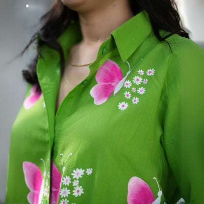 Butterfly Garden Handpainted Cotton Shirt – Womens Shirt by October available on Brown Living™. XS . SKU: SH - CT/FFM001 - GN - 1. Img 5.