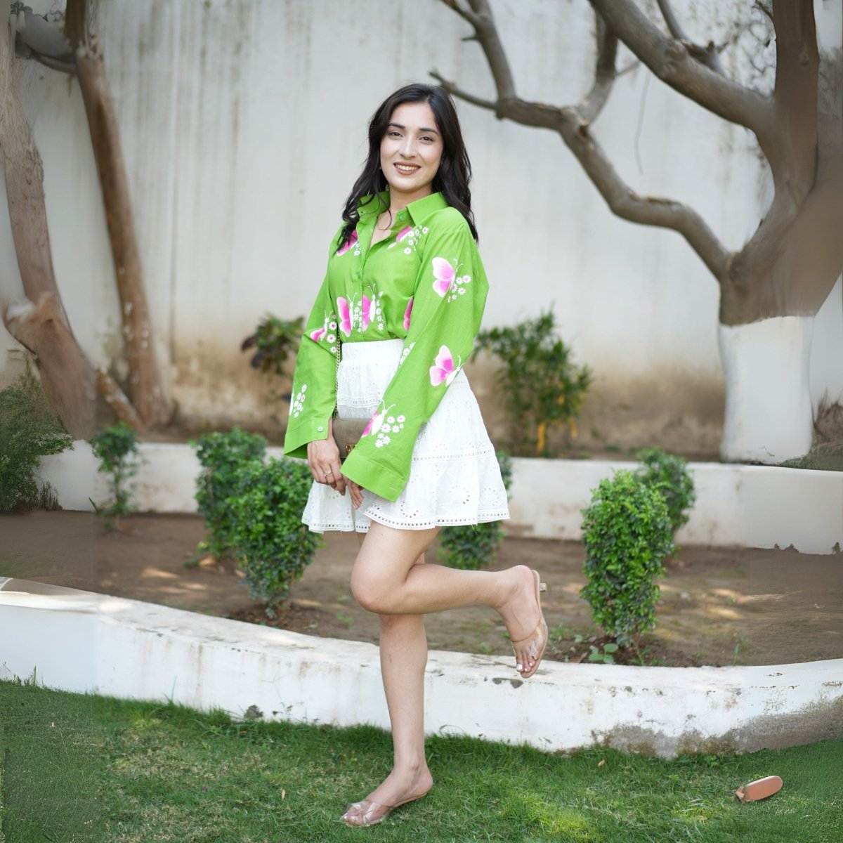 Handpainted Butterflies and Flowers Green Cotton Shirt | Verified Sustainable by Brown Living™