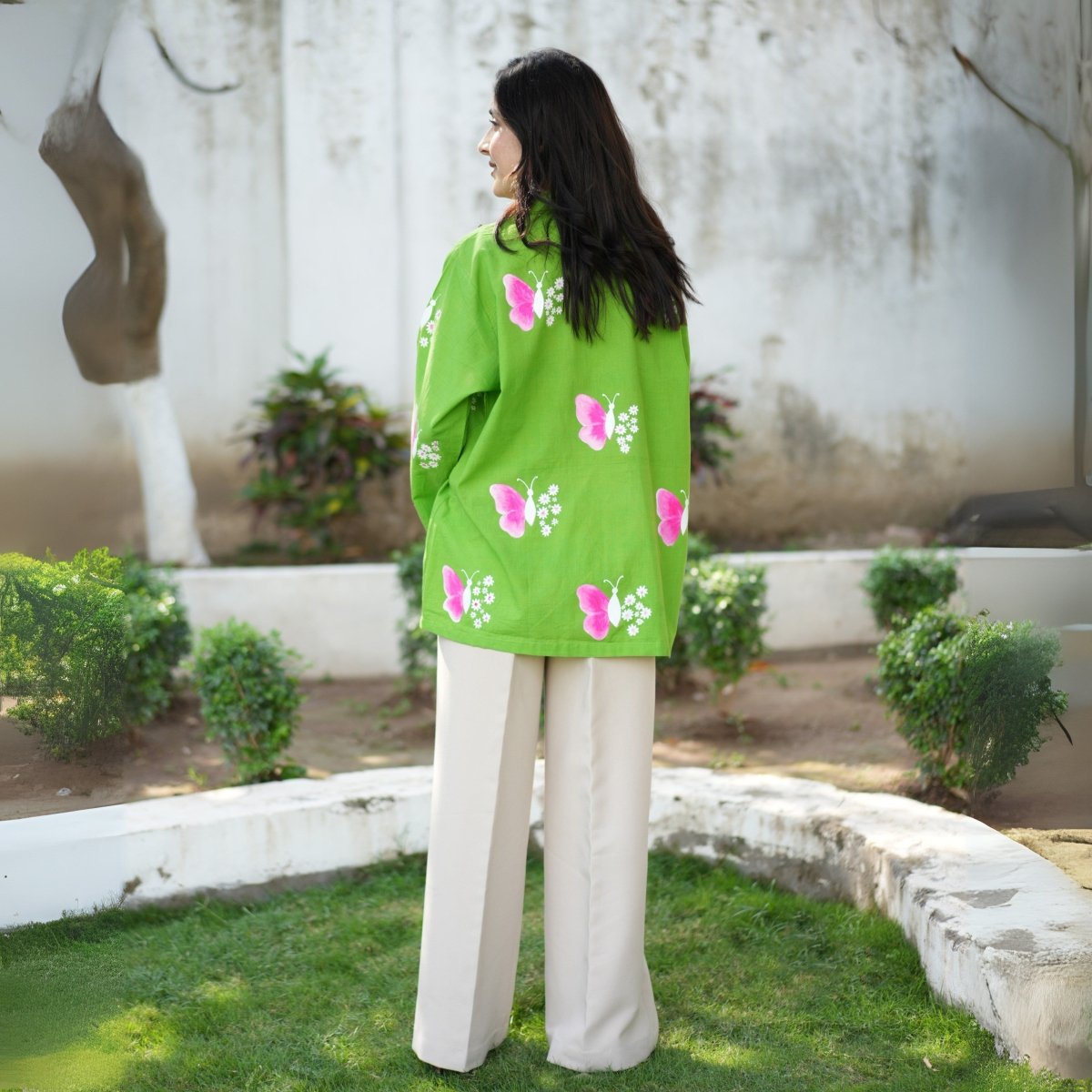 Handpainted Butterflies and Flowers Green Cotton Shirt | Verified Sustainable by Brown Living™