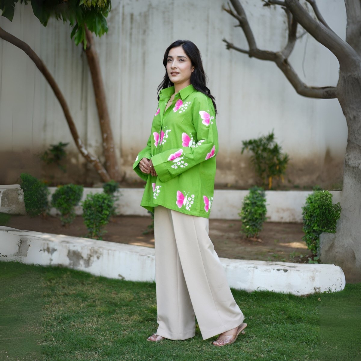 Handpainted Butterflies and Flowers Green Cotton Shirt | Verified Sustainable by Brown Living™