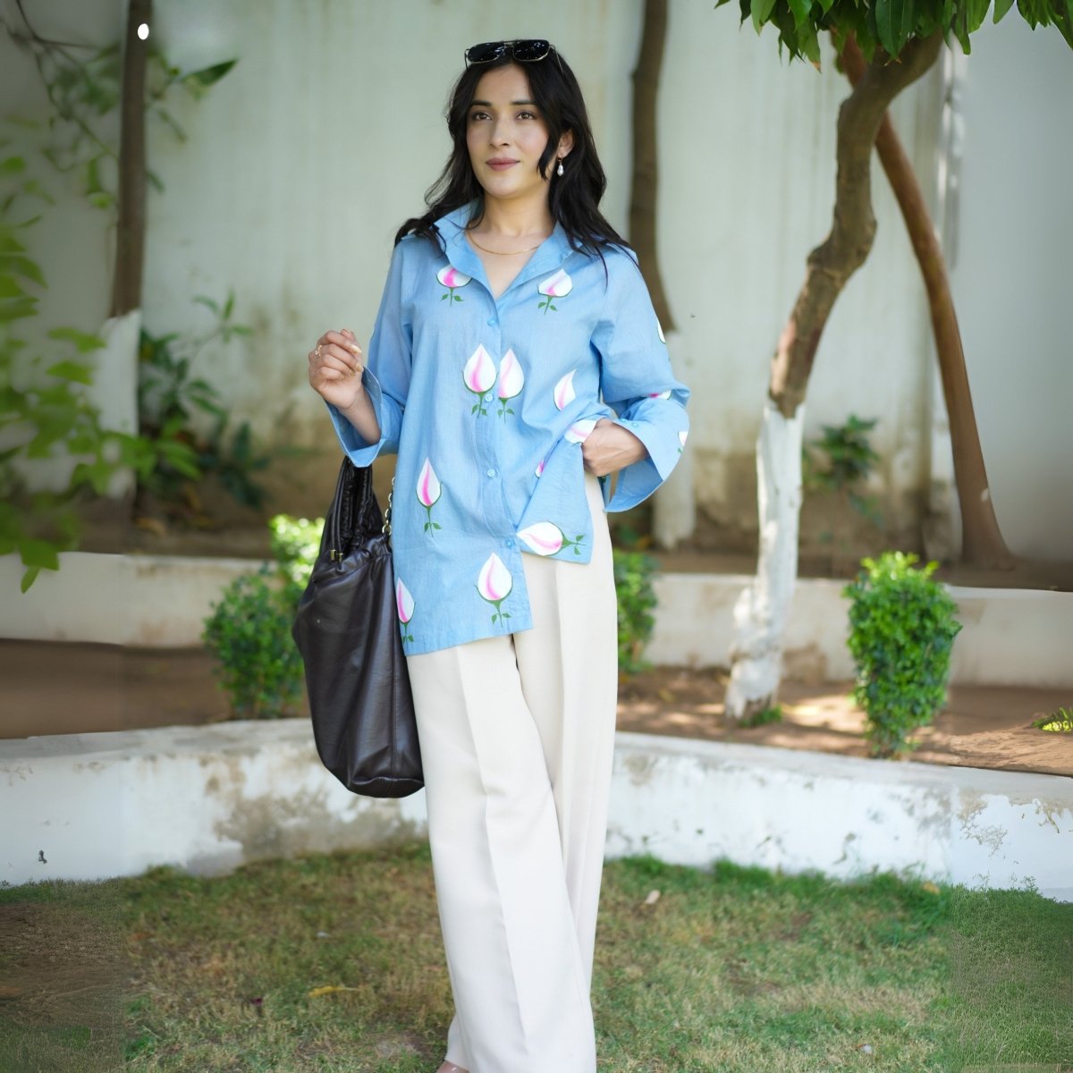 Handpainted Ice Blue Cotton Tulip Shirt | Verified Sustainable by Brown Living™