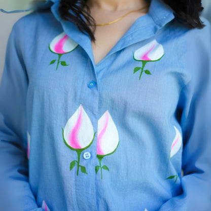 Sky Cotton Shirt With Handpainted Tulips – Womens Shirt by October available on Brown Living™. XS . SKU: SH - CT/FFM004 - BL - 1. Img 4.