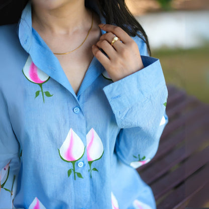 Sky Cotton Shirt With Handpainted Tulips – Womens Shirt by October available on Brown Living™. XS . SKU: SH - CT/FFM004 - BL - 1. Img 5.