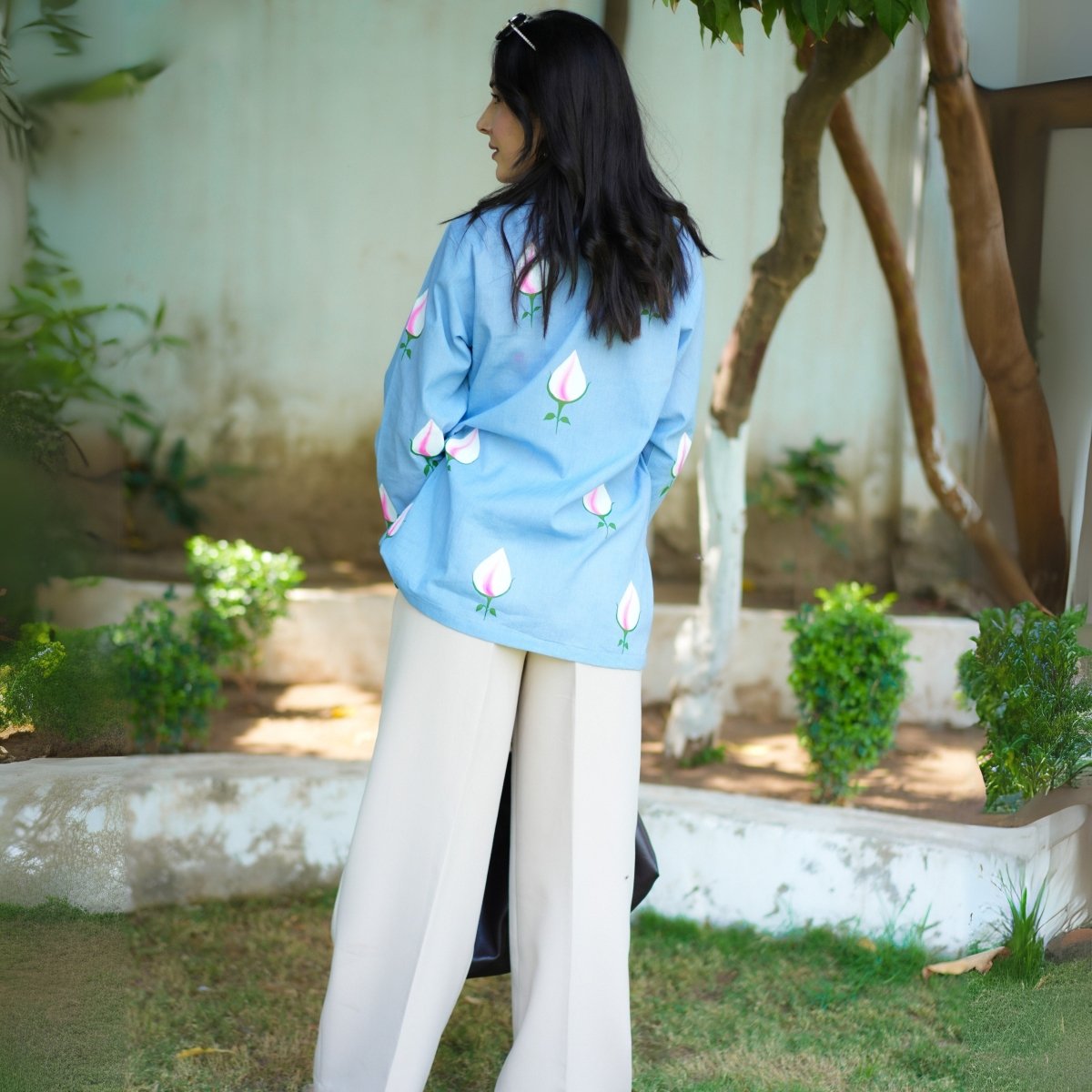 Handpainted Ice Blue Cotton Tulip Shirt | Verified Sustainable by Brown Living™