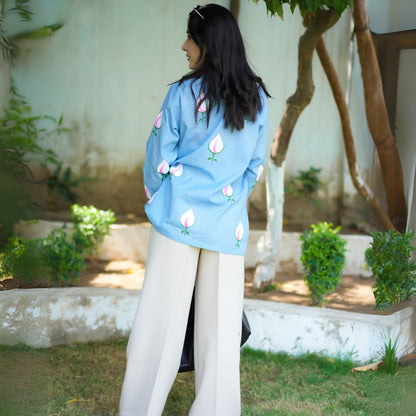 Sky Cotton Shirt With Handpainted Tulips – Womens Shirt by October available on Brown Living™. XS . SKU: SH - CT/FFM004 - BL - 1. Img 3.