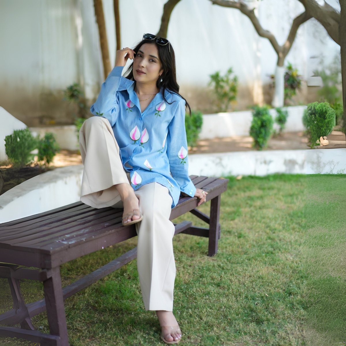Handpainted Ice Blue Cotton Tulip Shirt | Verified Sustainable by Brown Living™