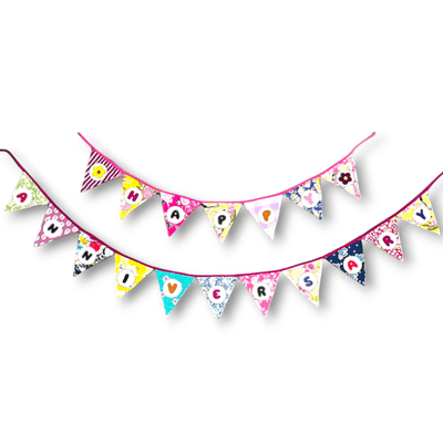 Upcycled Fabric Bunting "Happy Anniversary" – Wall Decor on Brown Living™. SKU: UMW - BUNTING - ANNIVERSARY - 01. Img 1.