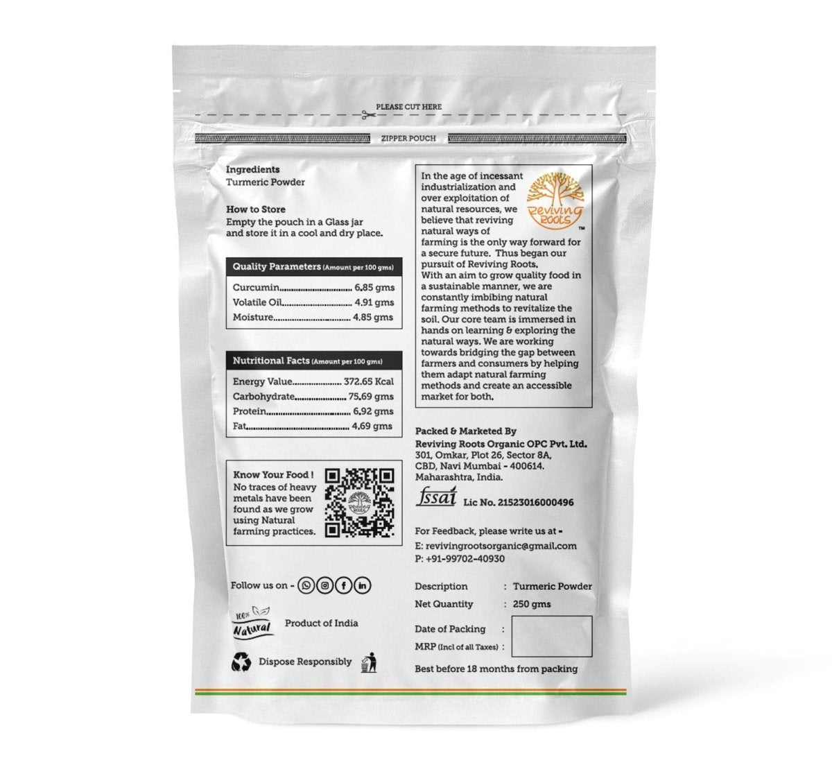 High Curcumin Organic Turmeric Powder - 250g Pouch | Verified Sustainable by Brown Living™