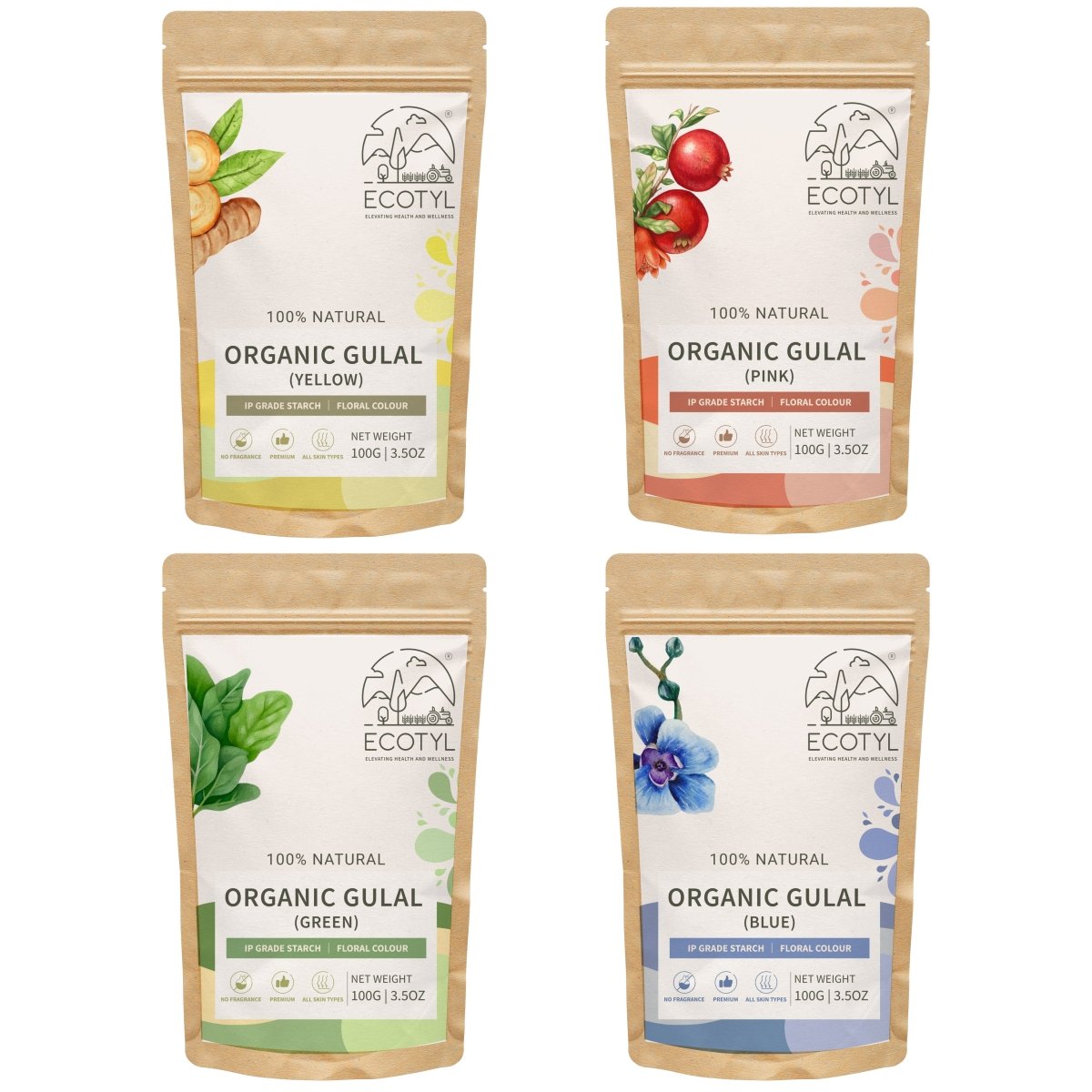 Holi Organic Herbal Gulal | Floral Color & Skin Friendly | Set of 4 Colors (100g Each) – Religious Items on Brown Living™. SKU: ECOTYL00031. Img 6.