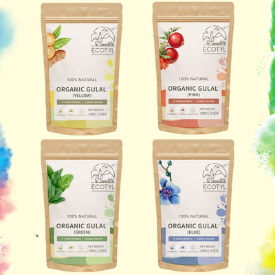 Holi Organic Herbal Gulal | Floral Color & Skin Friendly | Set of 4 Colors (100g Each) – Religious Items on Brown Living™. SKU: ECOTYL00031. Img 1.