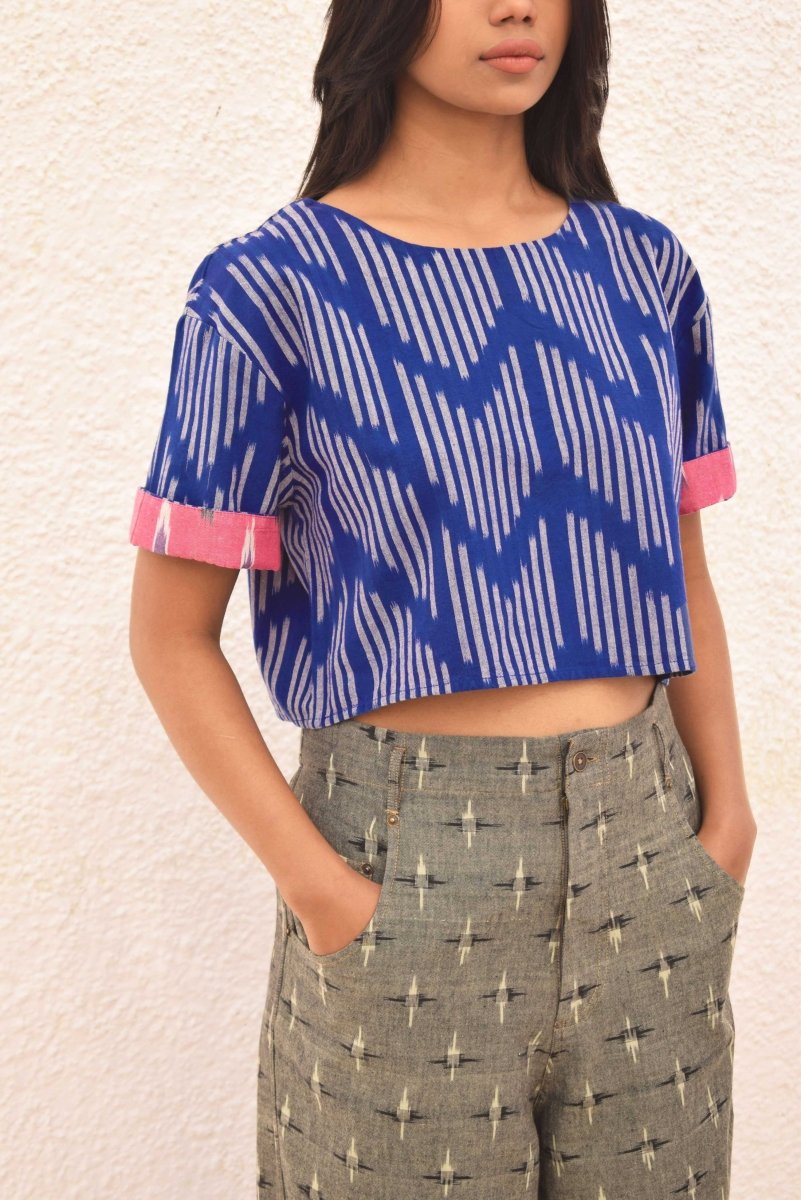 IKAT BLUE CROP TOP – Womens Top by Sonica Sarna available on Brown Living™. XS . SKU: SSD - 276 (C)1509. Img 3.