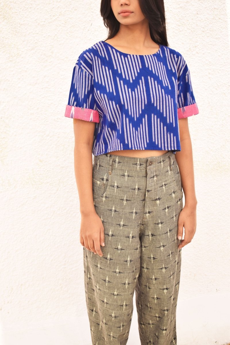 IKAT BLUE CROP TOP – Womens Top by Sonica Sarna available on Brown Living™. XS . SKU: SSD - 276 (C)1509. Img 2.