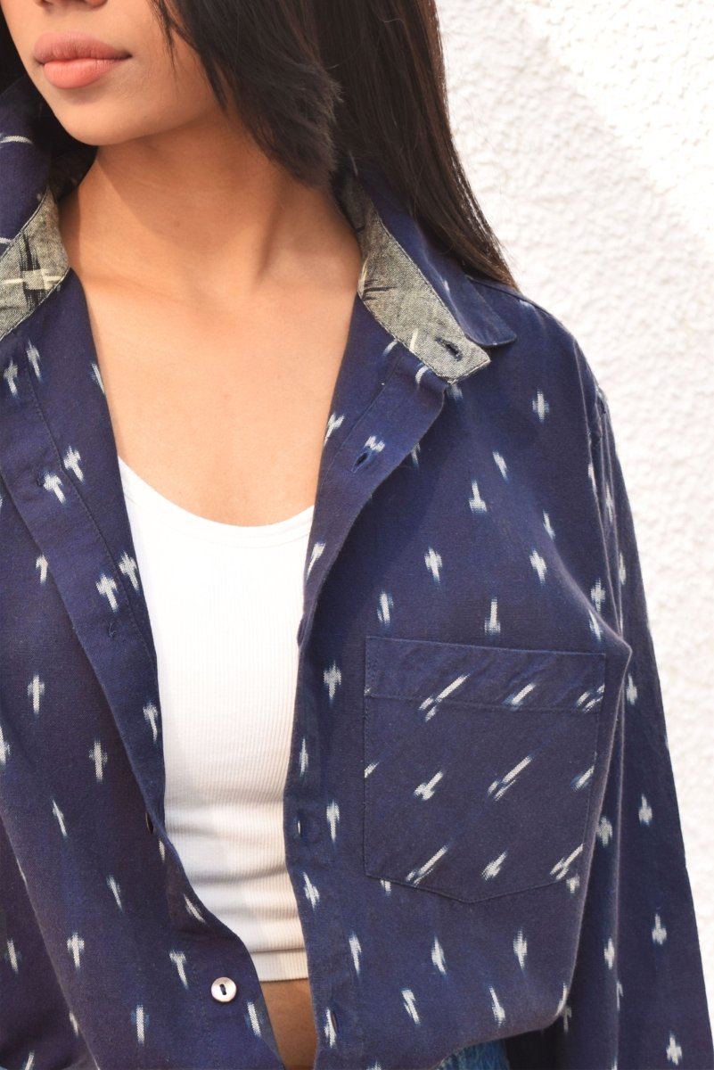 IKAT DARK BLUE FULL SLEEVE SHIRT – Womens Shirt by Sonica Sarna available on Brown Living™. XS . SKU: SSD - 2741469. Img 2.