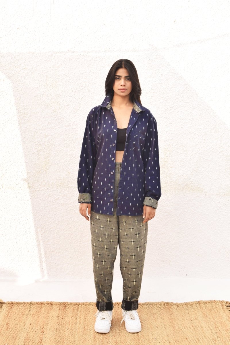 IKAT DARK BLUE FULL SLEEVE SHIRT – Womens Shirt by Sonica Sarna available on Brown Living™. XS . SKU: SSD - 2741469. Img 1.