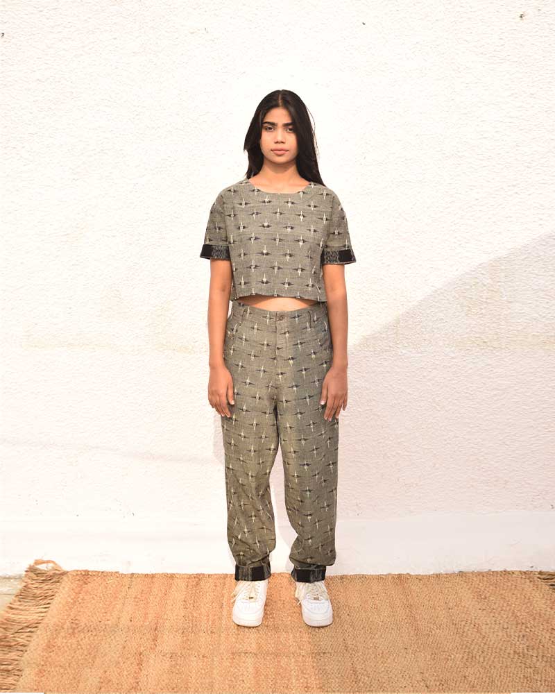 IKAT GREY TAPERED LEG PANT – Womens Pants by Sonica Sarna available on Brown Living™. XS . SKU: SSD - 272 (A)1439. Img 1.