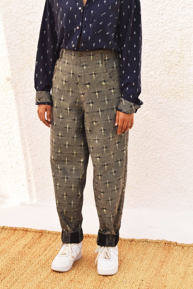 IKAT GREY TAPERED LEG PANT – Womens Pants by Sonica Sarna available on Brown Living™. XS . SKU: SSD - 272 (A)1439. Img 3.