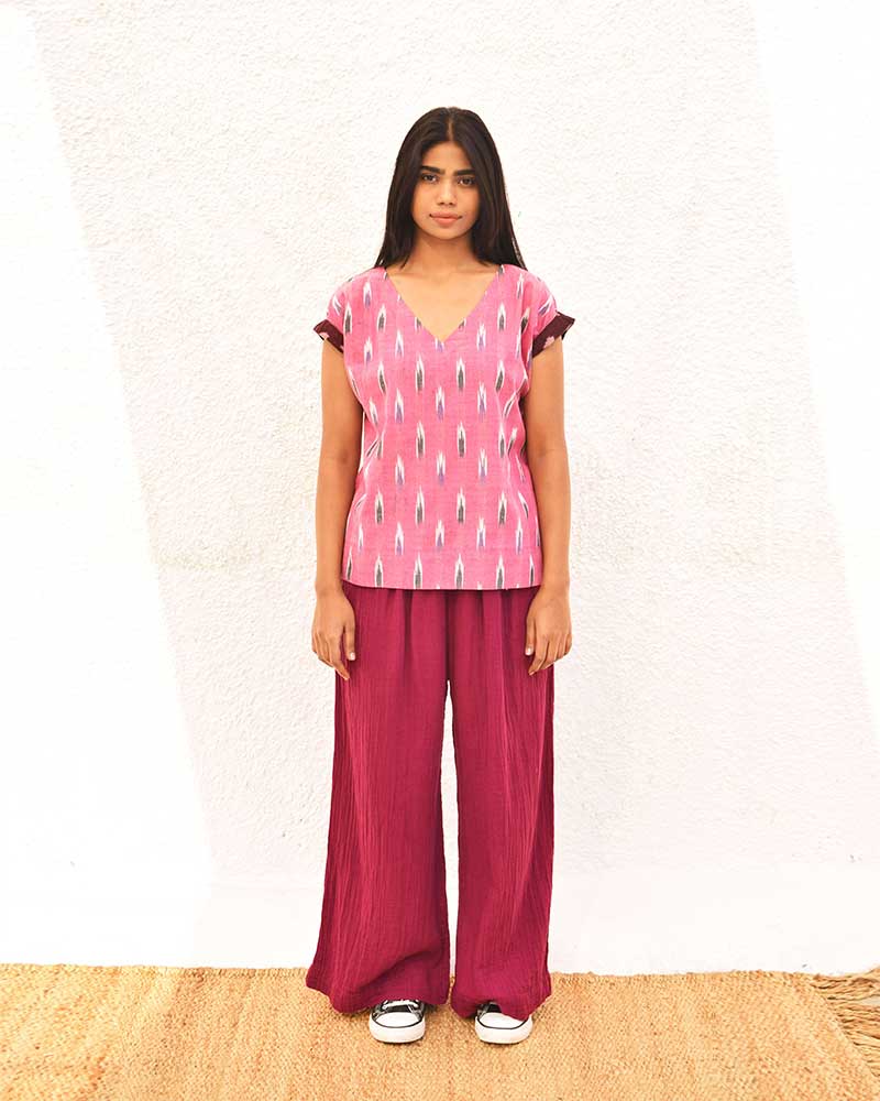 Ikat Pink V Neck Blouse – Womens Blouse by Sonica Sarna available on Brown Living™. XS . SKU: SSD - 282 (B)1494. Img 1.