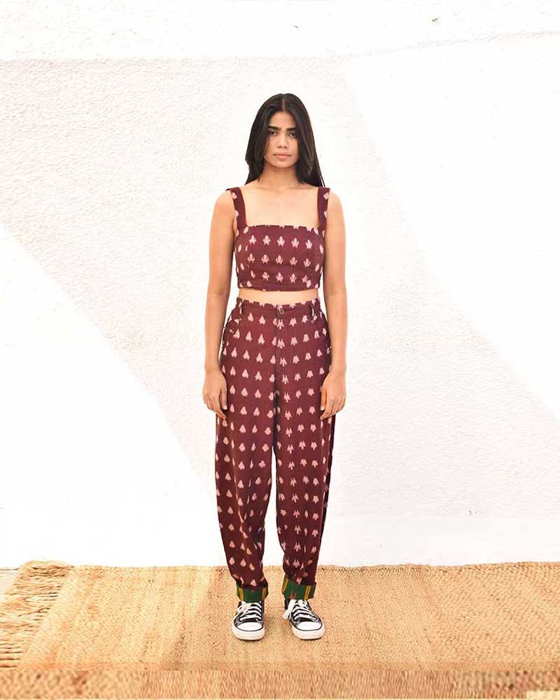 IKAT PURPLE TAPERED LEG PANT – Womens Pants by Sonica Sarna available on Brown Living™. XS . SKU: SSD - 272 (C)1449. Img 1.