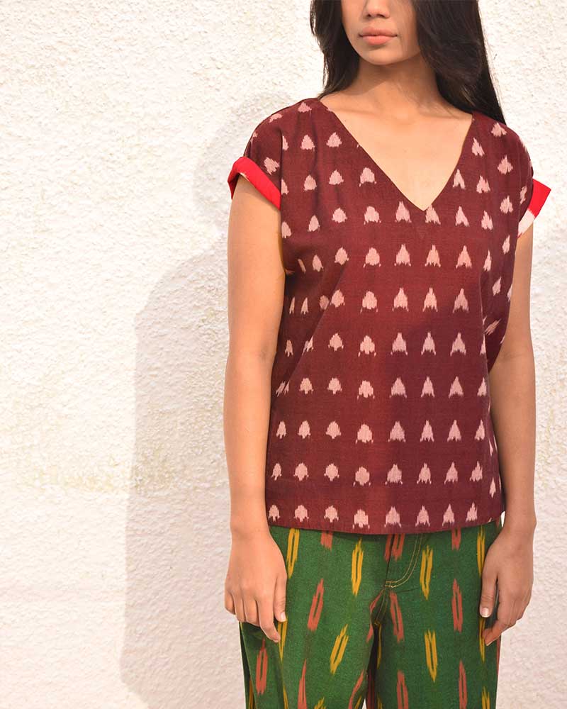 Ikat Purple V Neck Blouse – Womens Blouse by Sonica Sarna available on Brown Living™. XS . SKU: SSD - 282 (A)1499. Img 2.