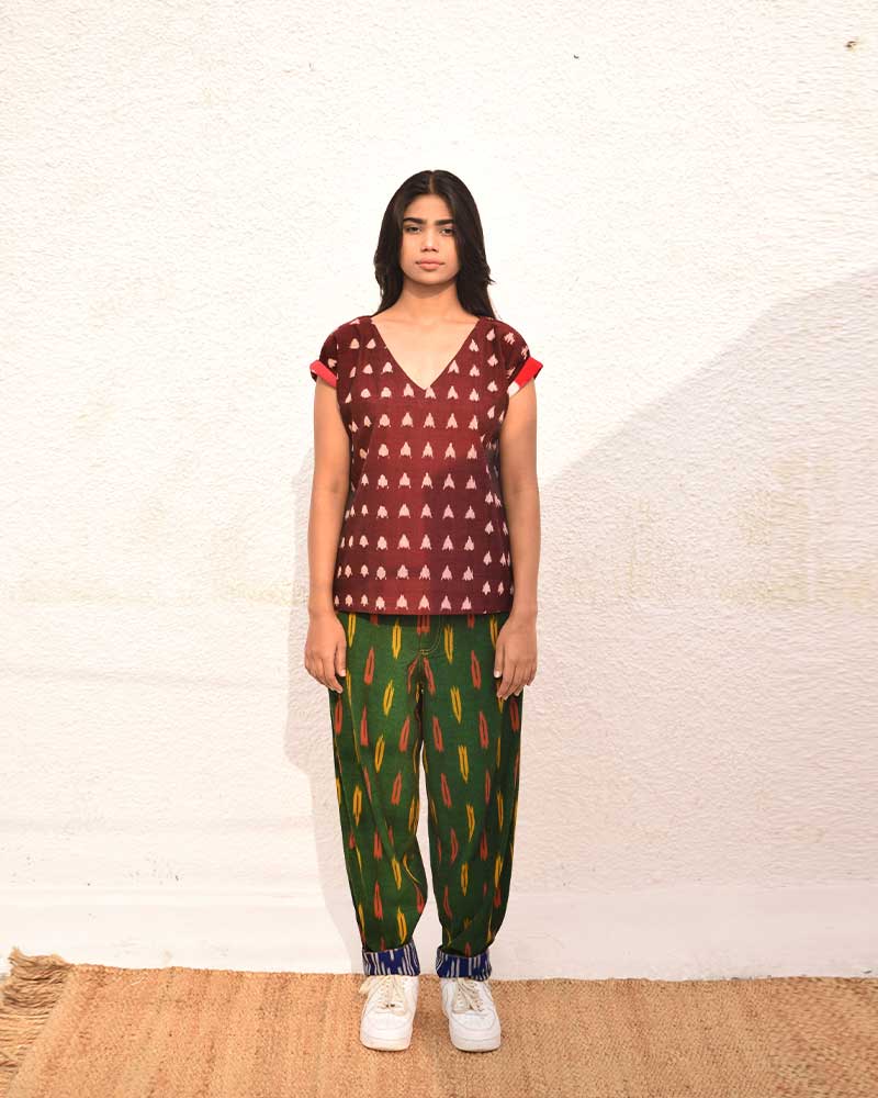 Ikat Purple V Neck Blouse – Womens Blouse by Sonica Sarna available on Brown Living™. XS . SKU: SSD - 282 (A)1499. Img 1.