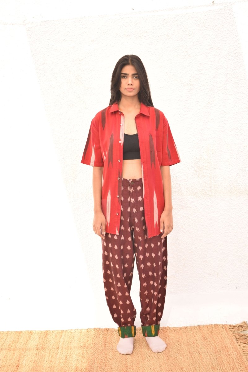 IKAT RED HALF SLEEVE SHIRT – Womens Shirt by Sonica Sarna available on Brown Living™. XS . SKU: SSD - 275 (B)1479. Img 1.