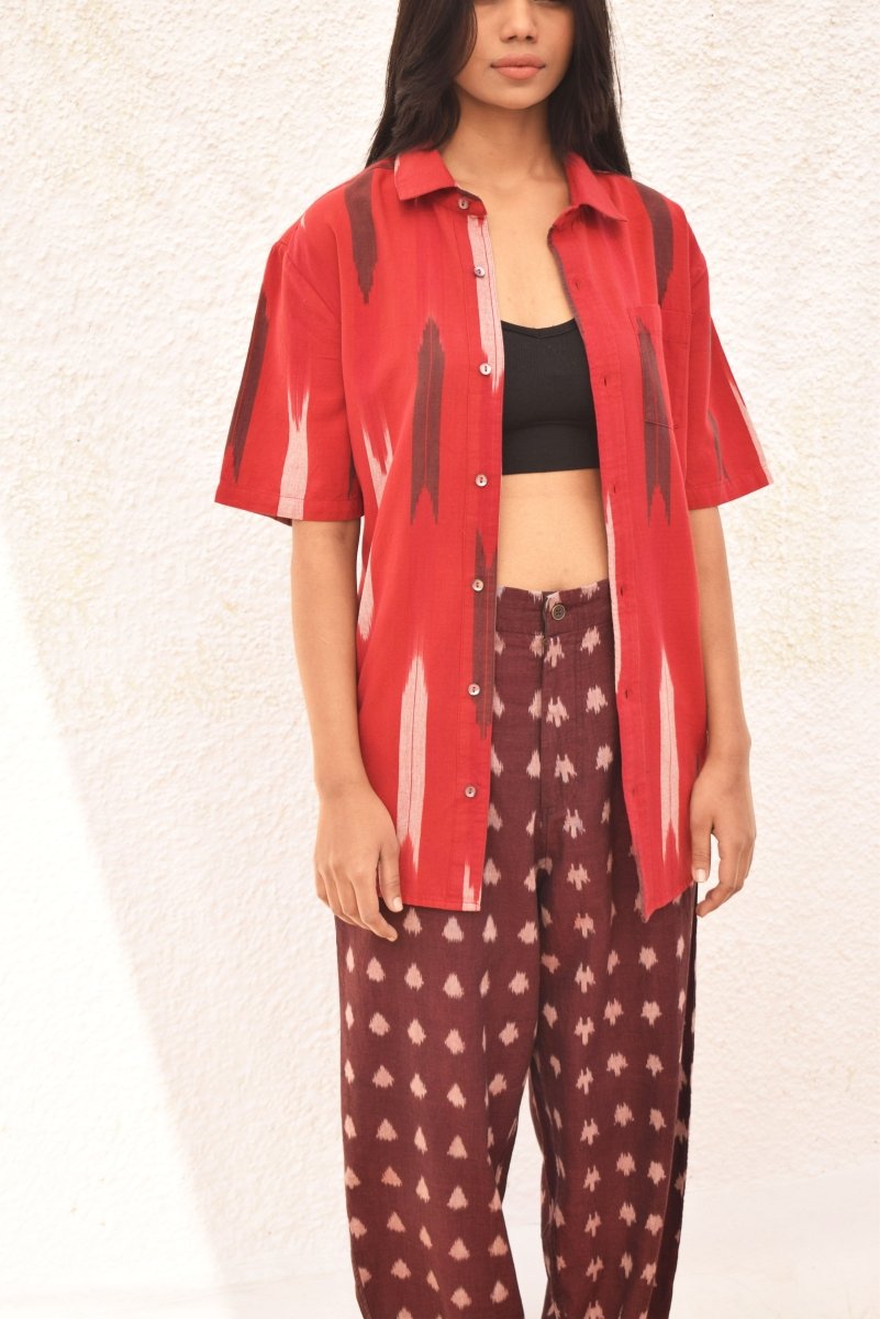 IKAT RED HALF SLEEVE SHIRT – Womens Shirt by Sonica Sarna available on Brown Living™. XS . SKU: SSD - 275 (B)1479. Img 3.