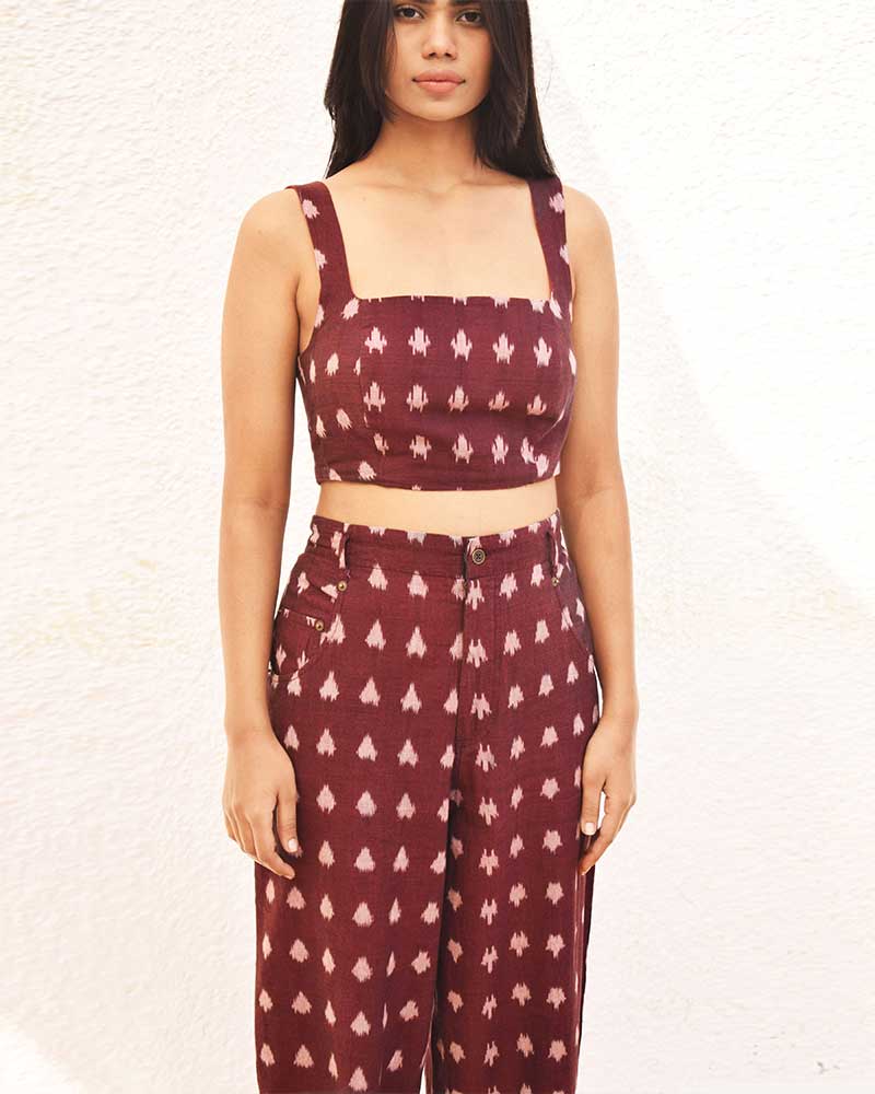 IKAT REVERSIBLE RED POLKA DOT / PURPLE BUSTIER – Womens Blouse by Sonica Sarna available on Brown Living™. XS . SKU: SSD - 279 (A)1504. Img 2.