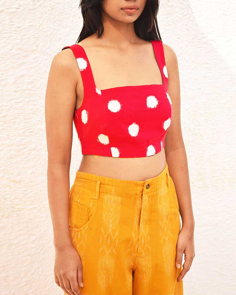 IKAT REVERSIBLE RED POLKA DOT / PURPLE BUSTIER – Womens Blouse by Sonica Sarna available on Brown Living™. XS . SKU: SSD - 279 (A)1504. Img 3.