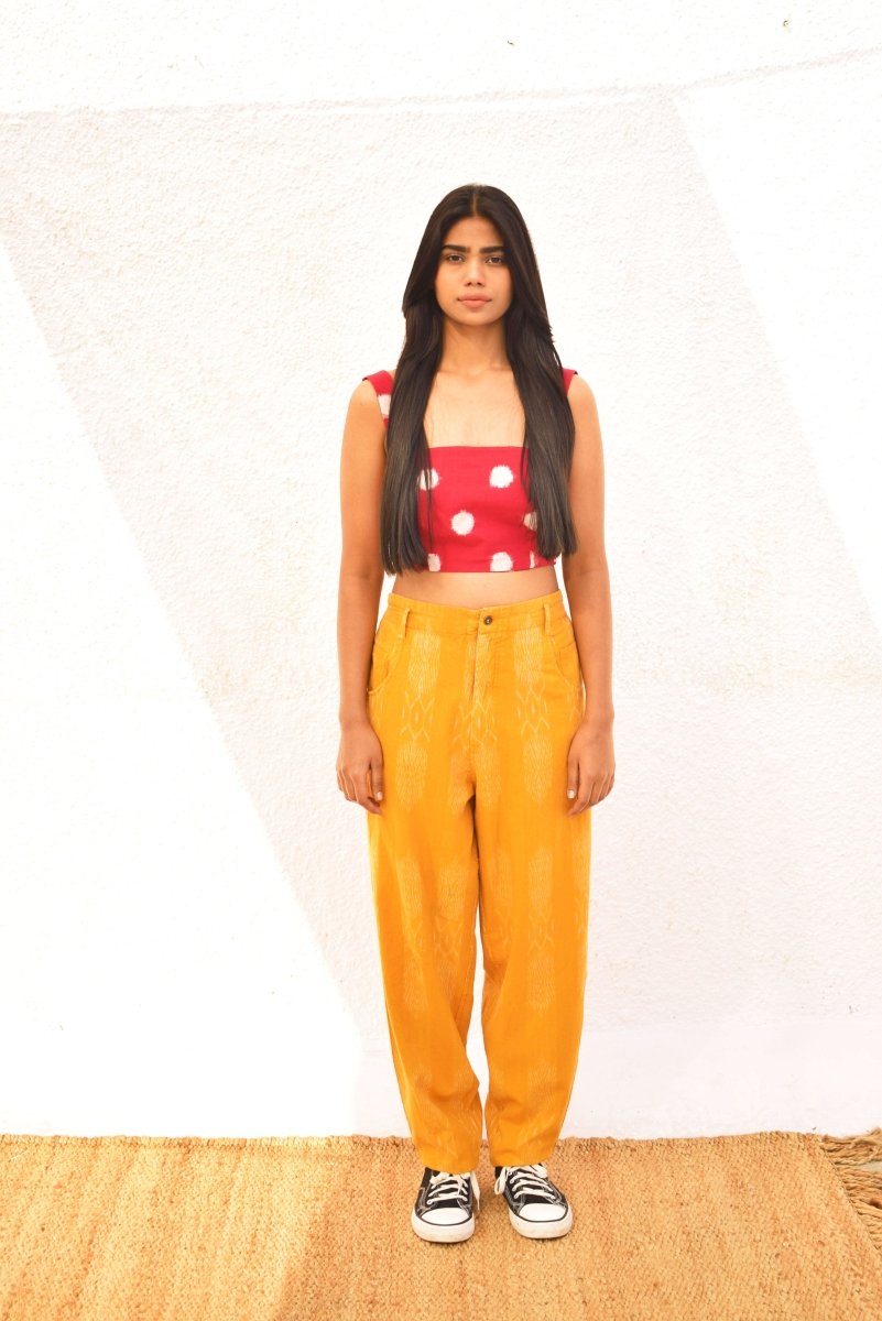 IKAT YELLOW TAPERED LEG PANT – Womens Pants by Sonica Sarna available on Brown Living™. XS . SKU: SSD - 272 (D)1454. Img 1.