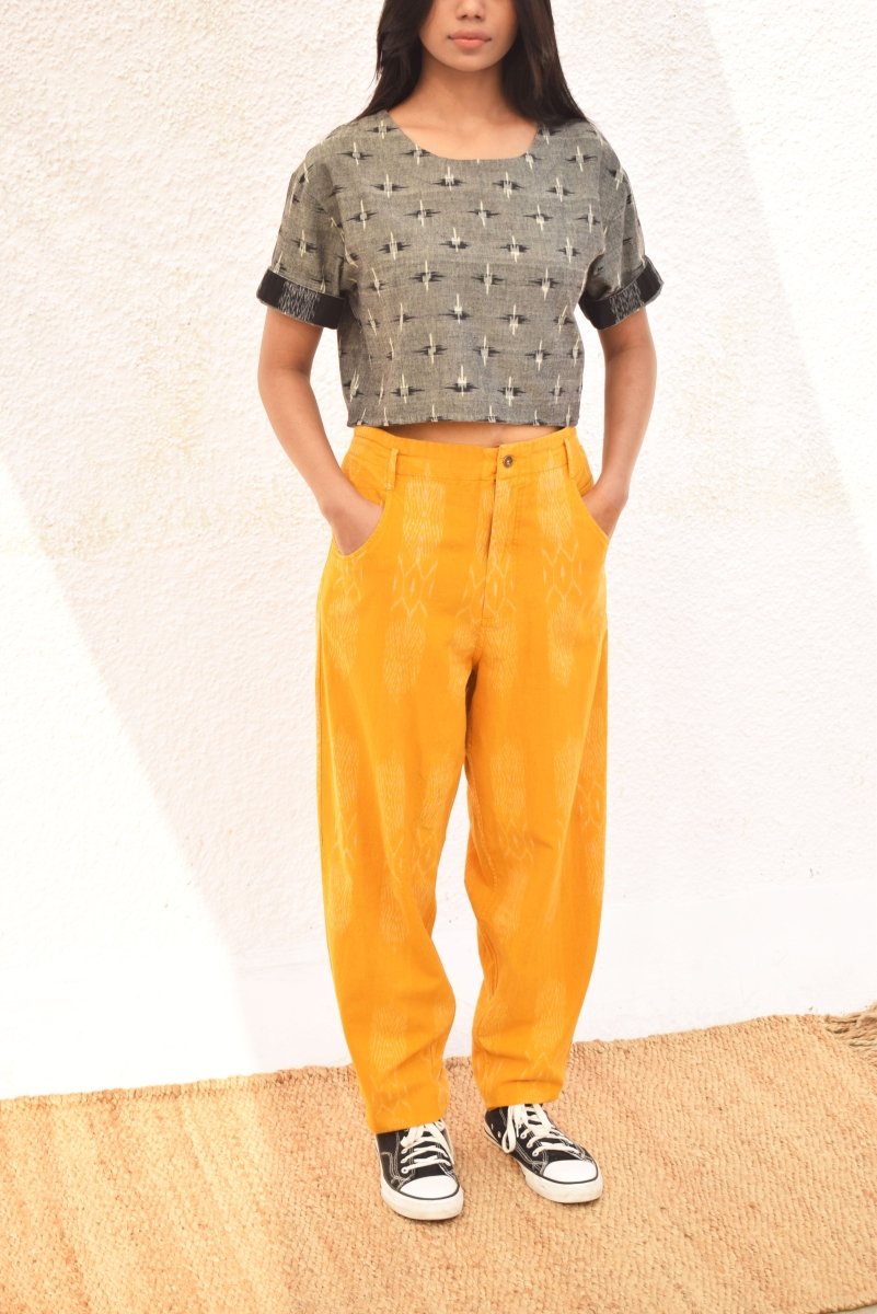IKAT YELLOW TAPERED LEG PANT – Womens Pants by Sonica Sarna available on Brown Living™. XS . SKU: SSD - 272 (D)1454. Img 3.