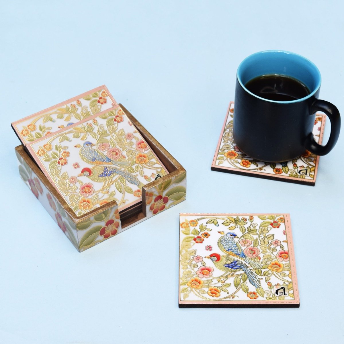 Indian Bird with Flowers | Set of 6 Coasters with Holder | Verified Sustainable by Brown Living™