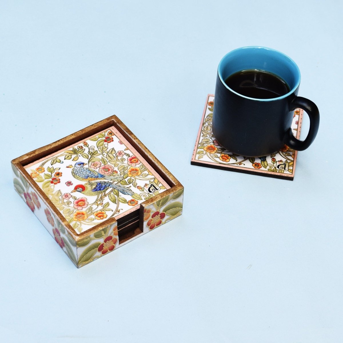 Indian Bird with Flowers | Set of 6 Coasters with Holder | Verified Sustainable by Brown Living™