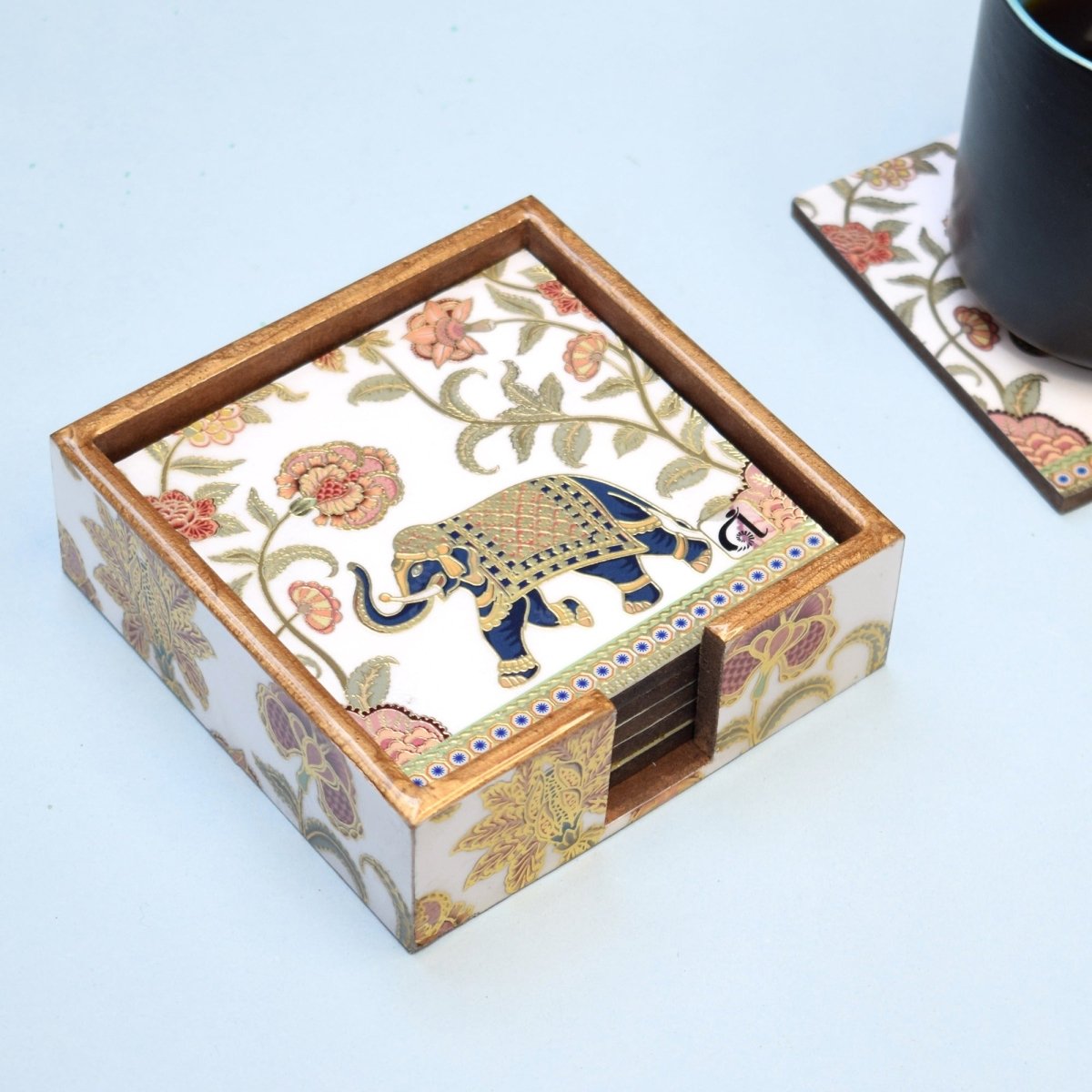 Indian Maharaja Elephnat Coasters | Set of 6 with Holder | Verified Sustainable by Brown Living™