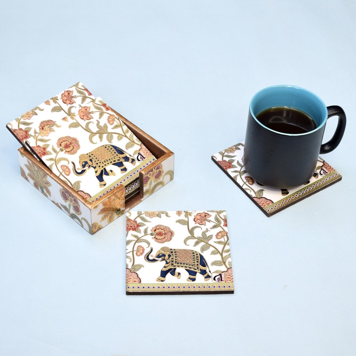 Indian Maharaja Elephnat Coasters | Set of 6 with Holder | Verified Sustainable by Brown Living™