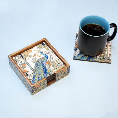 Indian Peacock MDF Coasters | Set of 6 with Holder | Verified Sustainable by Brown Living™