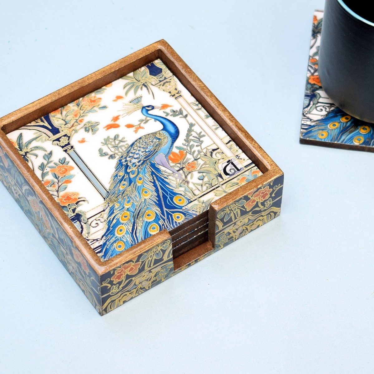 Indian Peacock MDF Coasters | Set of 6 with Holder | Verified Sustainable by Brown Living™