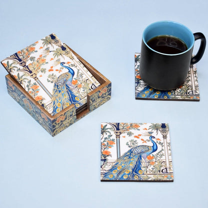 Indian Peacock MDF Coasters | Set of 6 with Holder | Verified Sustainable by Brown Living™