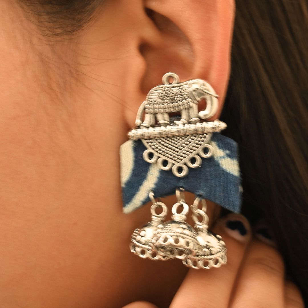 Indigo Blue Printed Elephant Charm Earrings For Women | Verified Sustainable by Brown Living™