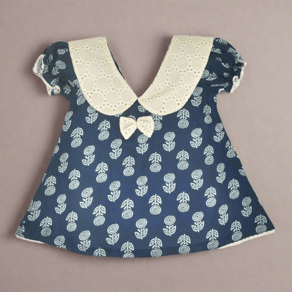 Indigo Printed Cotton Baby Dress with Rose Design | Verified Sustainable by Brown Living™