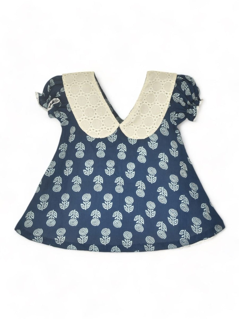 Indigo Printed Cotton Baby Dress with Rose Design | Verified Sustainable by Brown Living™