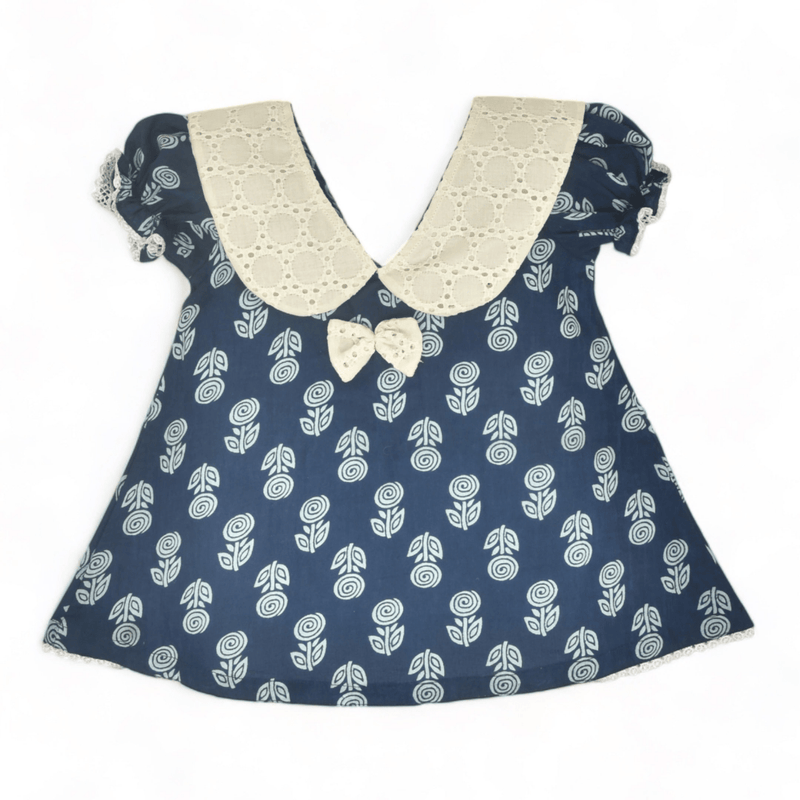 Indigo Printed Cotton Baby Dress with Rose Design | Verified Sustainable by Brown Living™