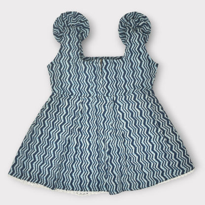 Indigo Printed Cotton Baby Dress with Wave Design