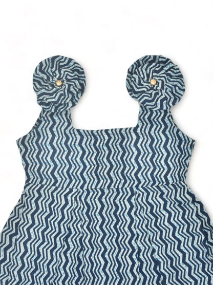 Indigo Printed Cotton Baby Dress with Wave Design | Verified Sustainable by Brown Living™