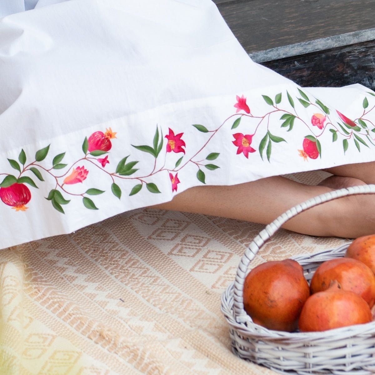 Ivory Pomegranate Hem Handpainted Cotton Dress | Verified Sustainable by Brown Living™