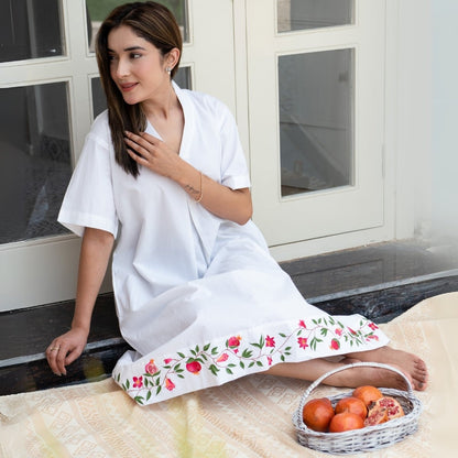Ivory Pomegranate Hem Handpainted Cotton Dress | Verified Sustainable by Brown Living™