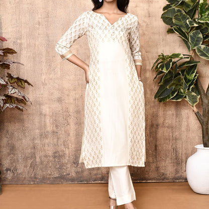 Jenni Off - White Handloom Maheshweri Silk Kurta Set | Verified Sustainable by Brown Living™