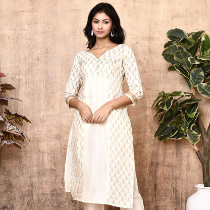 Jenni Off - White Handloom Maheshweri Silk Kurta Set | Verified Sustainable by Brown Living™