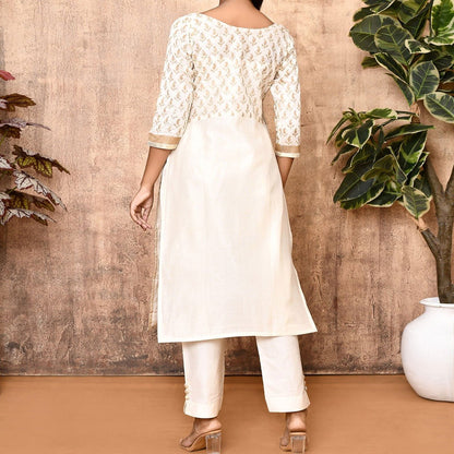 Jenni Off - White Handloom Maheshweri Silk Kurta Set | Verified Sustainable by Brown Living™